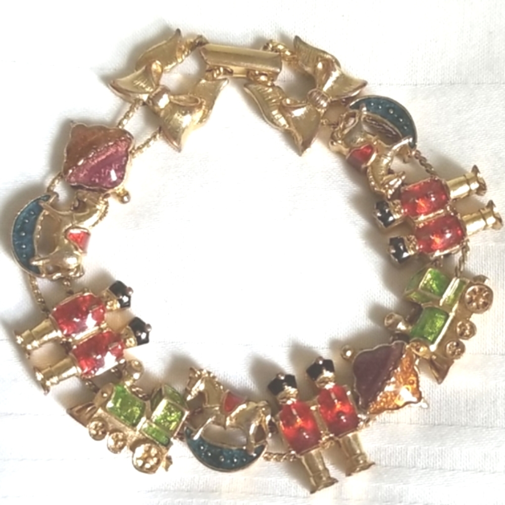 Vintage Gold Christmas Charm Bracelet Toy Soldier Train Rocking Horse Top